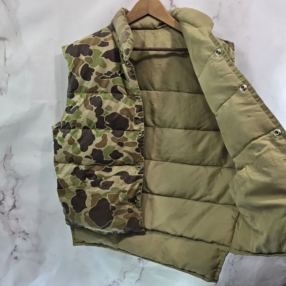 Camo Down Puffer Vest Mens Large Vintage Duck Snap Button 4 Color Goose Green